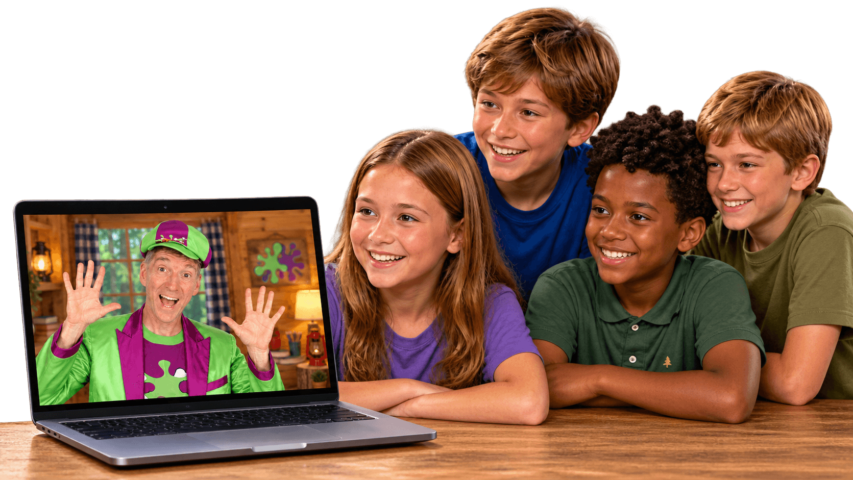 Campers gathered beside a laptop showing Master Plaster performing live