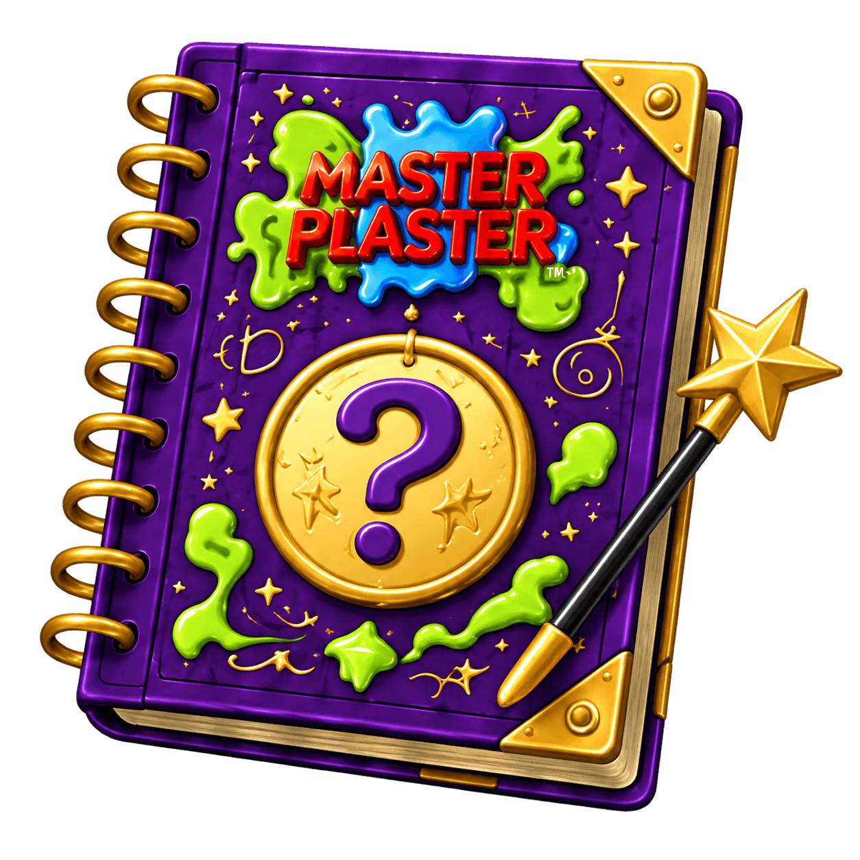 A purple Master Plaster question book with a gold star wand