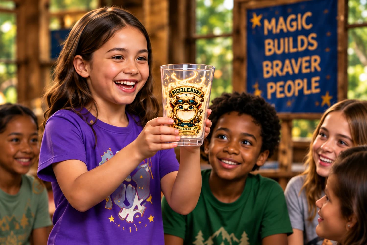 A camper presenting her Buzzleburp goblet to an encouraging group