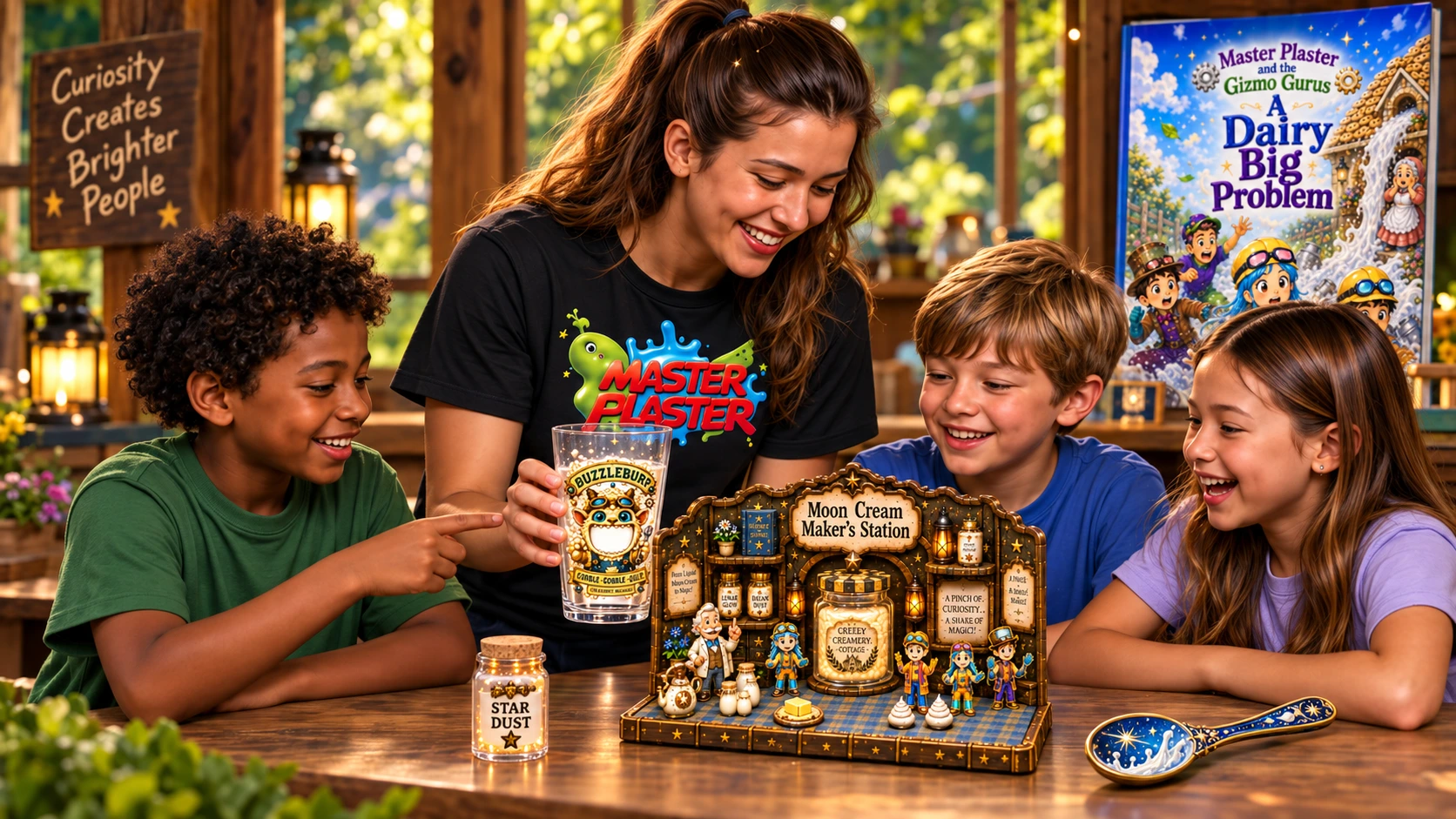 A counselor and three campers exploring the Moon Cream Maker’s Station and Buzzleburp goblet