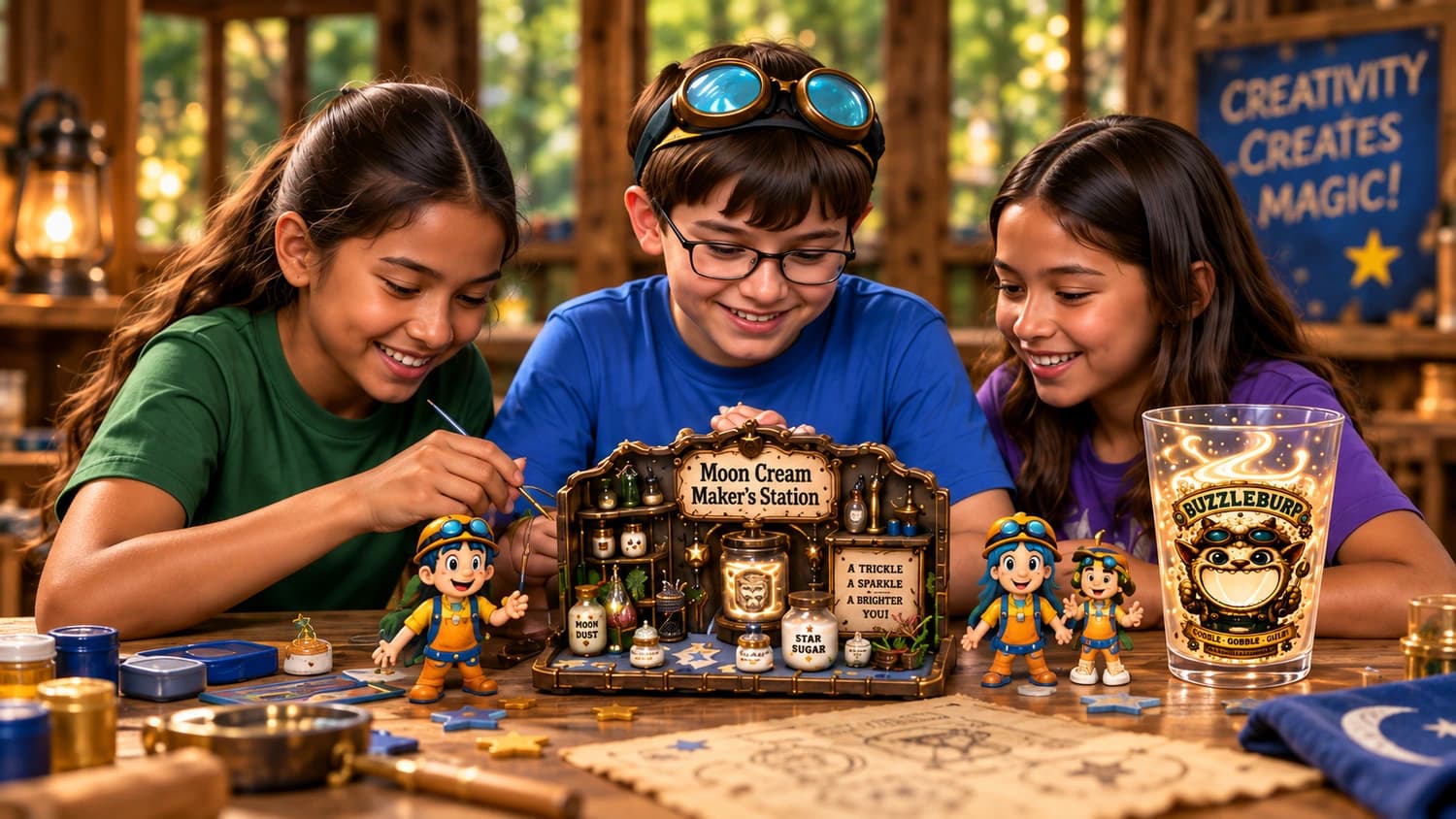 Three campers building and exploring the Moon Cream Maker’s Station together