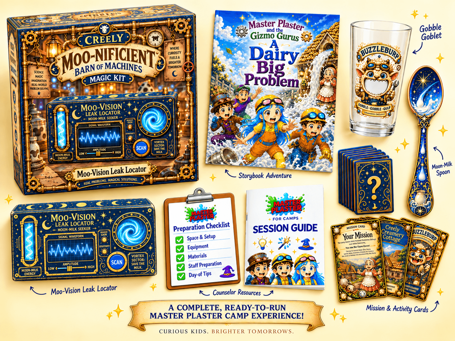 Complete camp experience: Moo-Vision kit, A Dairy Big Problem storybook, Gobble Goblet, Moon-Milk Spoon, mission and activity cards, and counselor resources