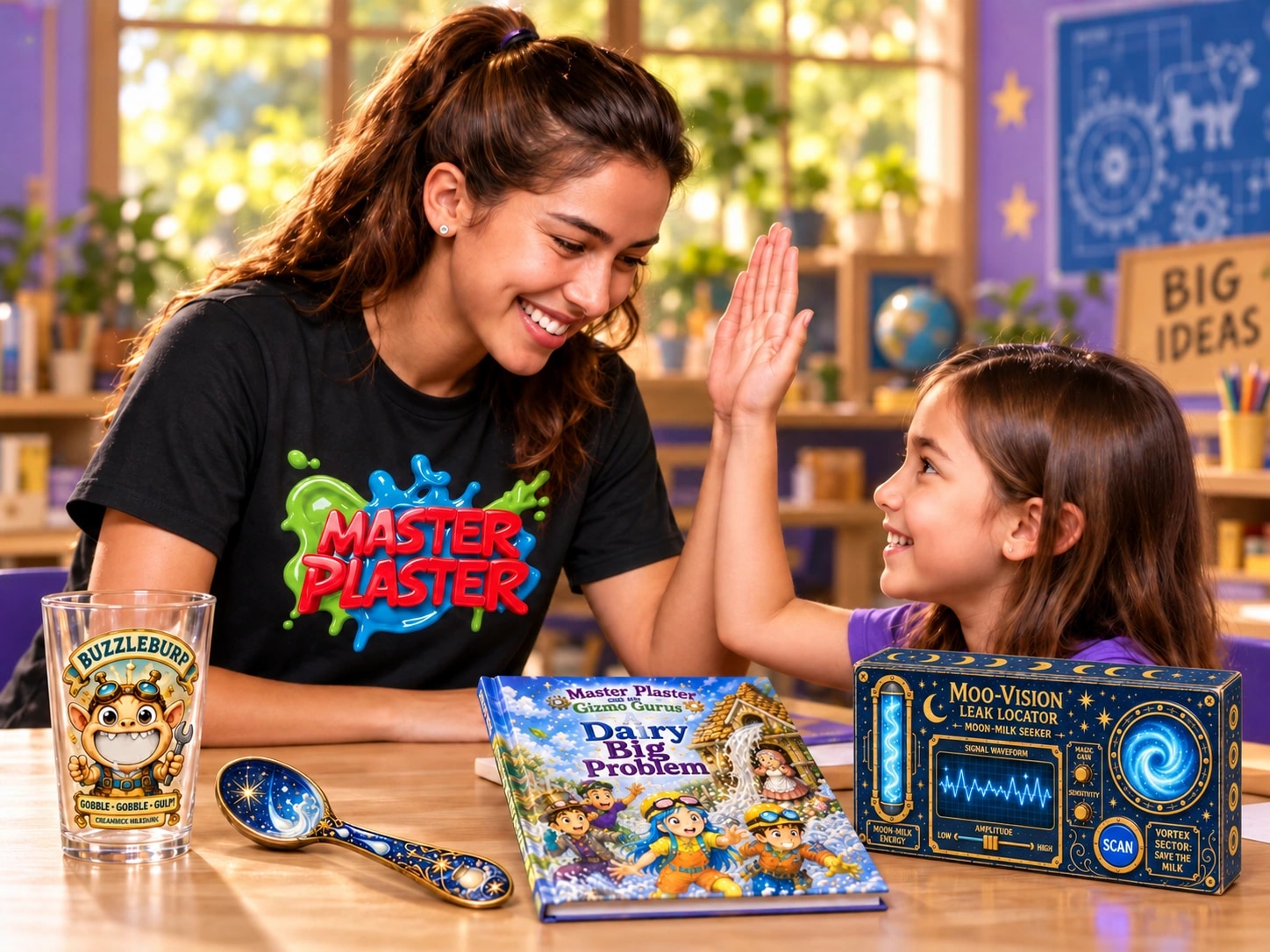 A counselor and camper celebrating with a high-five beside their storybook and Moo-Vision kit