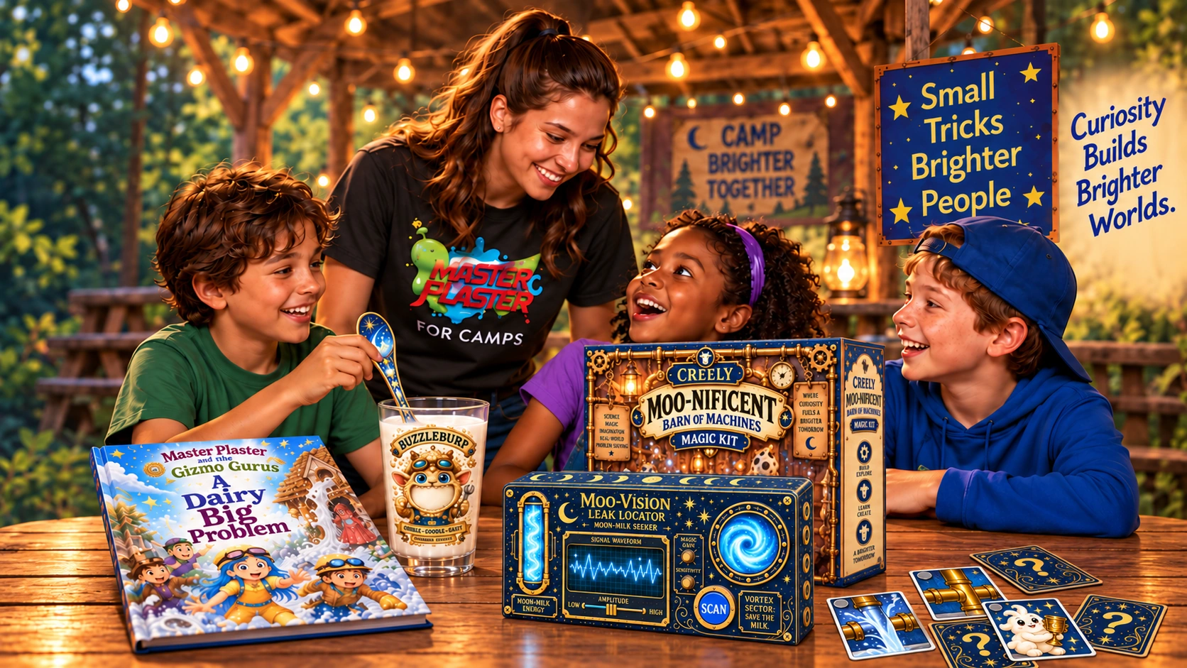 A counselor and three campers exploring the Moo-Vision kit, storybook and magic goblet