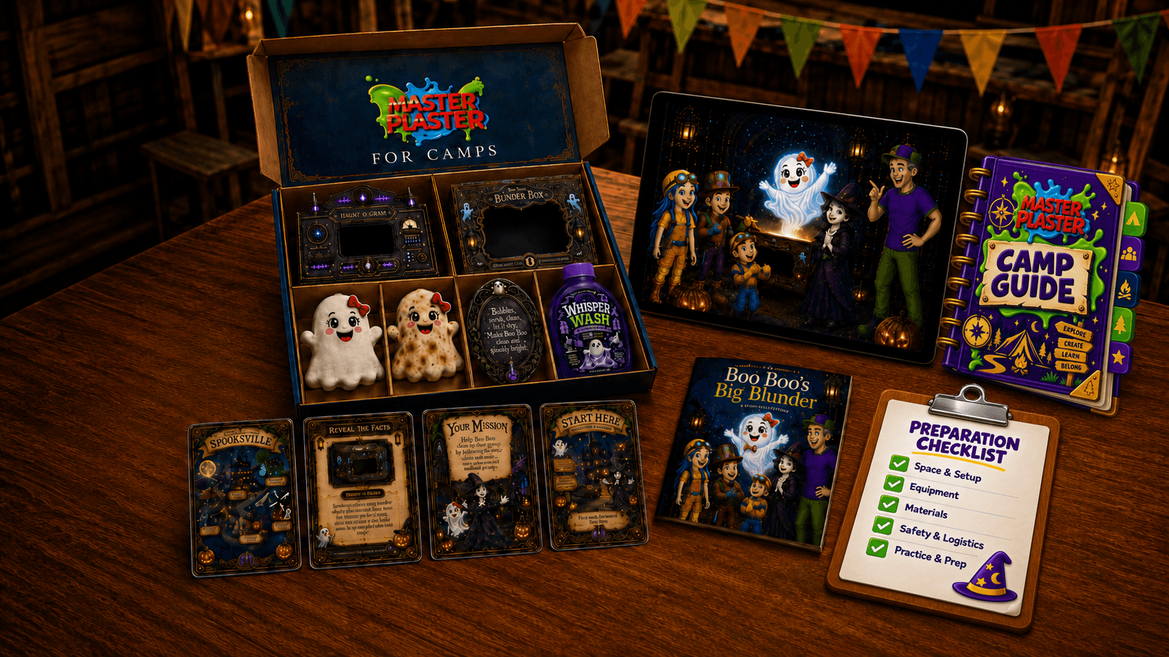 Master Plaster camp kit, Boo Boo’s Big Blunder story tablet and book, Camp Guide, activity cards and preparation checklist on a wooden table