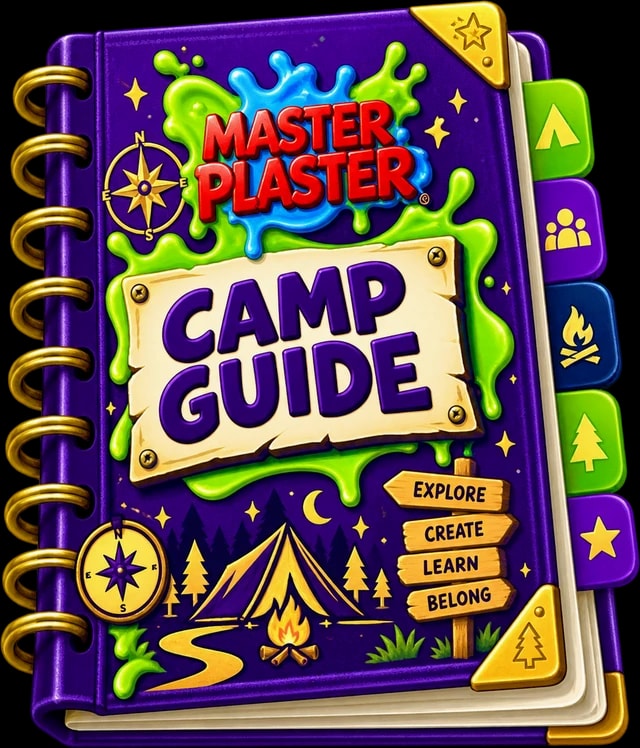 Purple Master Plaster Camp Guide with gold binding and camp illustrations