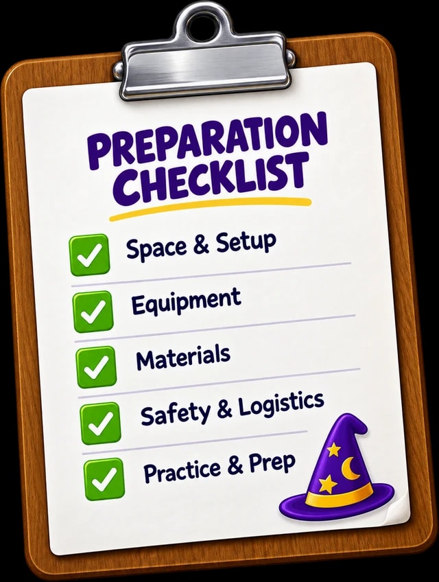 Preparation checklist covering space and setup, equipment, materials, safety and logistics, and practice and preparation