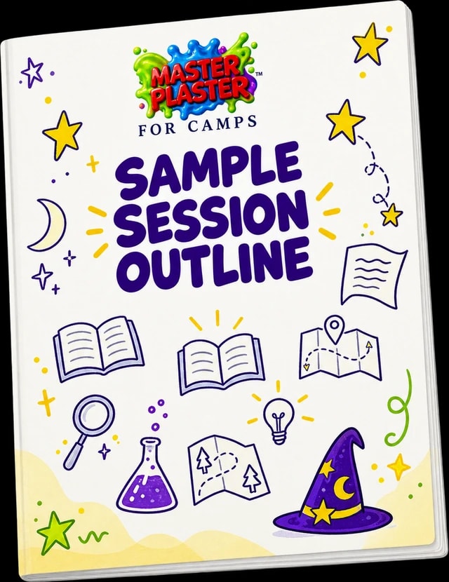 Master Plaster Sample Session Outline cover with storybooks, science and magic illustrations