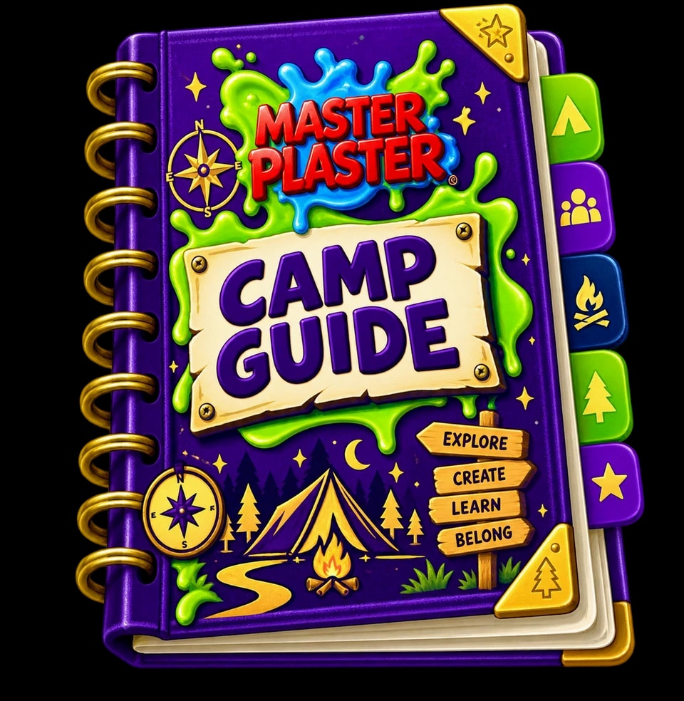 Purple Master Plaster Camp Guide with gold binding and camp illustrations