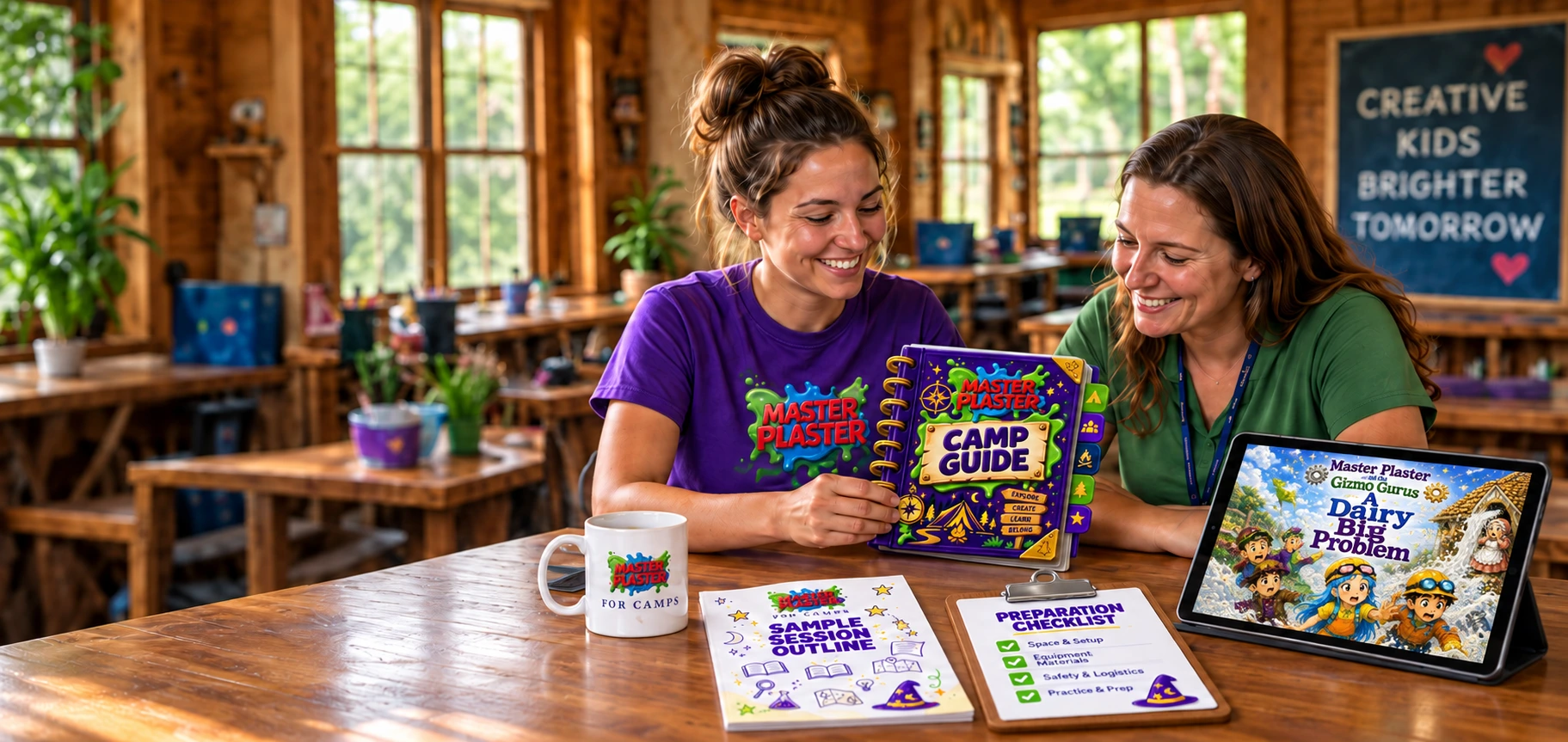 Two camp counselors reviewing the Master Plaster Camp Guide and planning resources at a cabin table