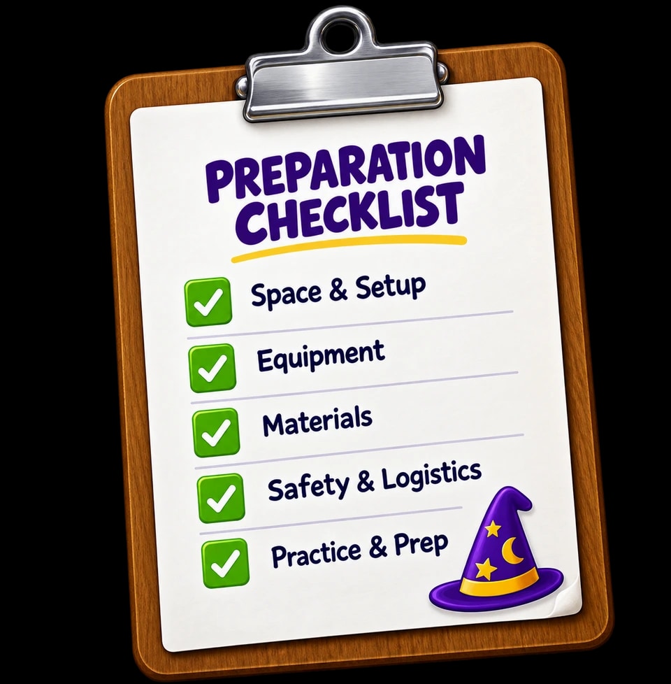 Preparation Checklist for space, equipment, materials, safety and practice
