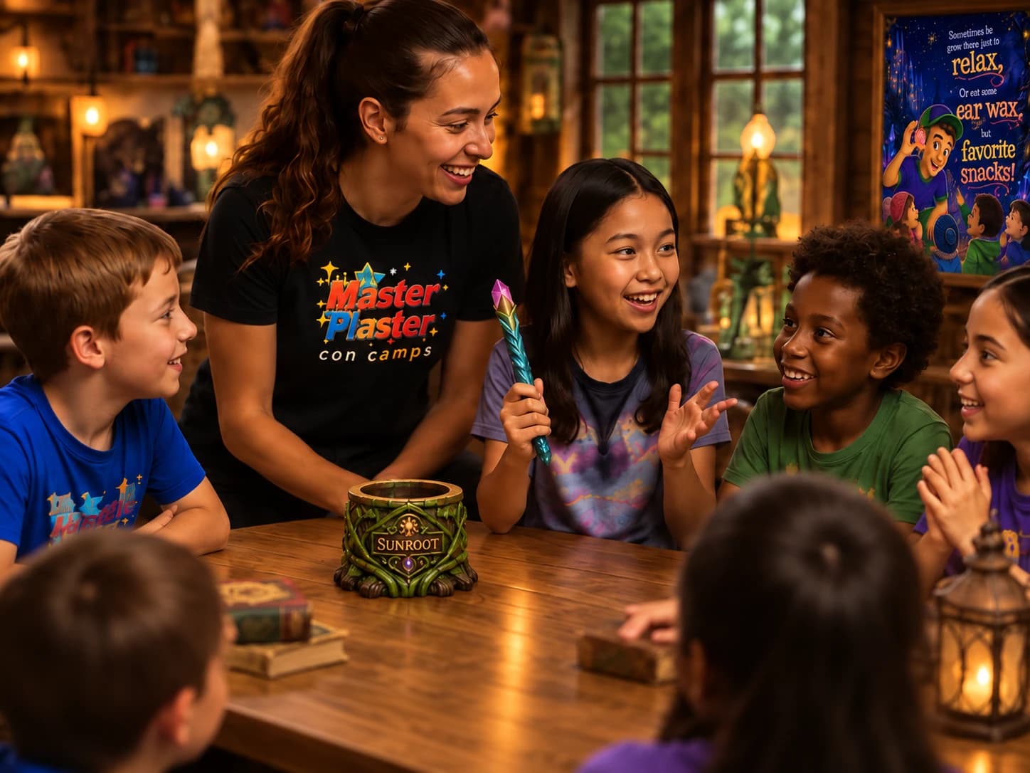 A counselor and campers sharing a magic wand and Sunroot kit around a camp table