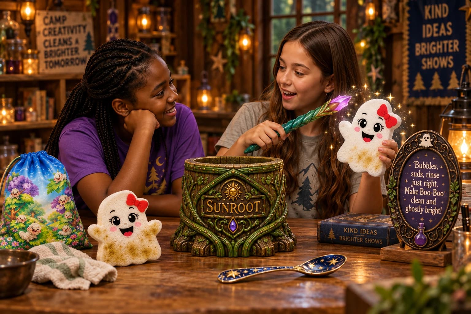 Two campers practicing a magic story together with the Sunroot kit