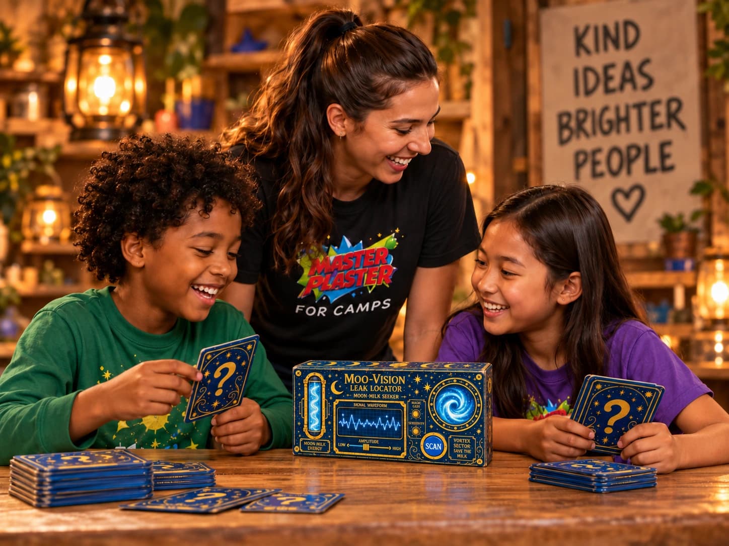 Counselor and two campers exploring Moo-Vision cards together