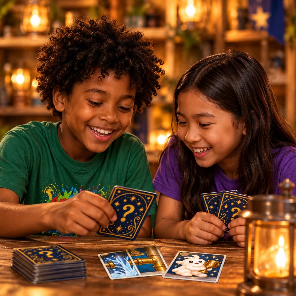Two campers working together with their story cards