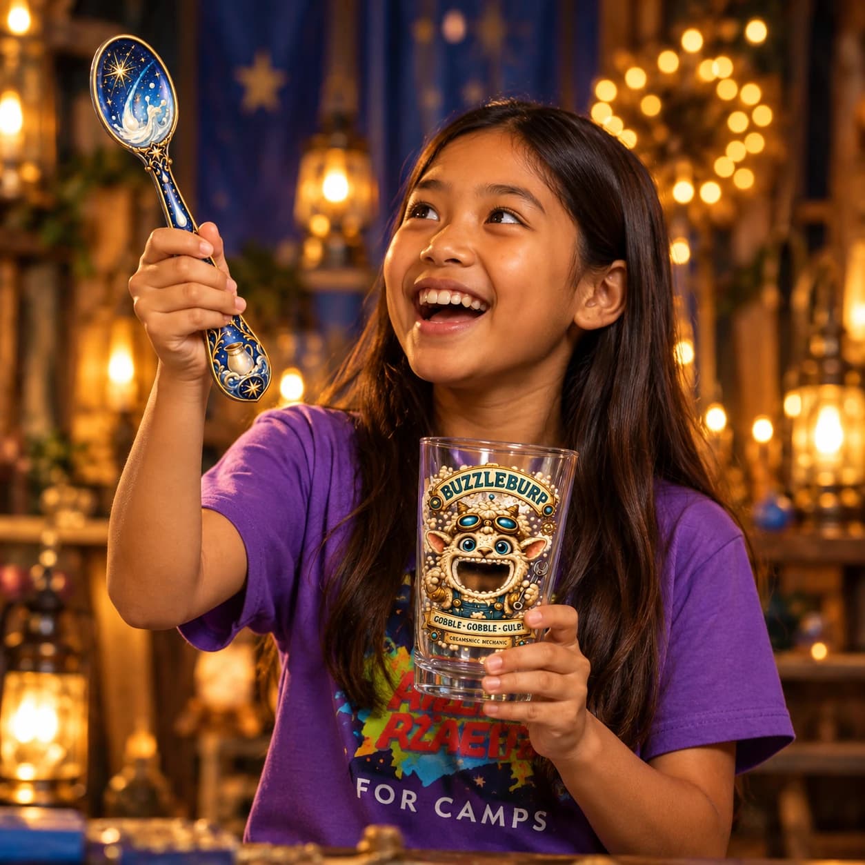 Camper celebrating with her magic spoon and Gobble Goblet