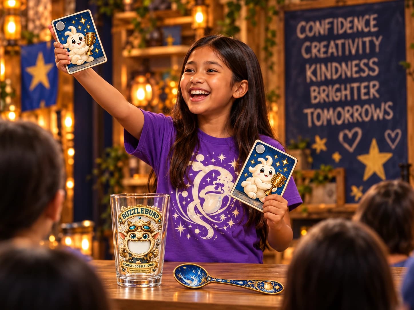 Camper confidently sharing her magic cards with an audience