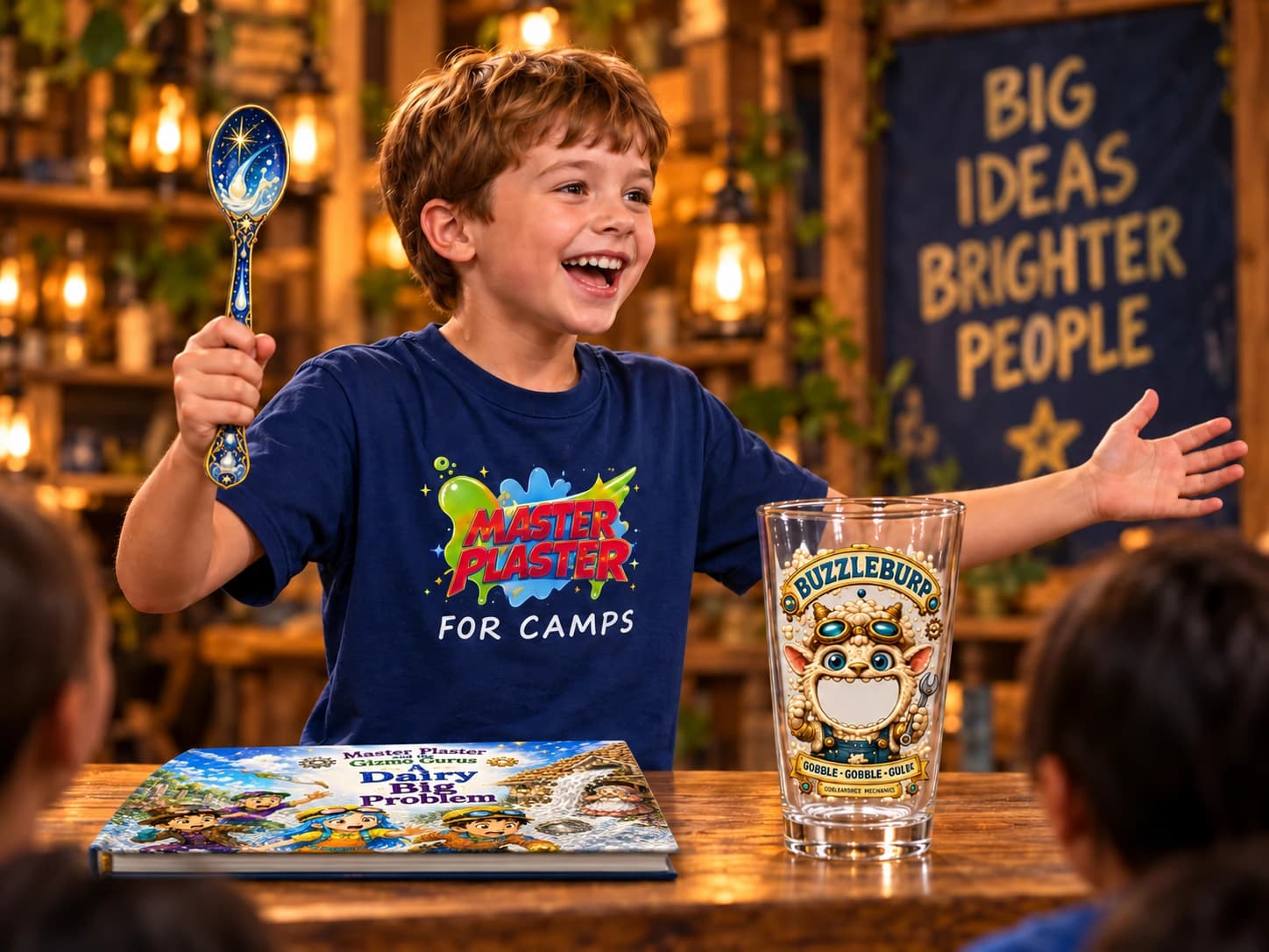 Camper presenting a magic spoon and Gobble Goblet to an audience
