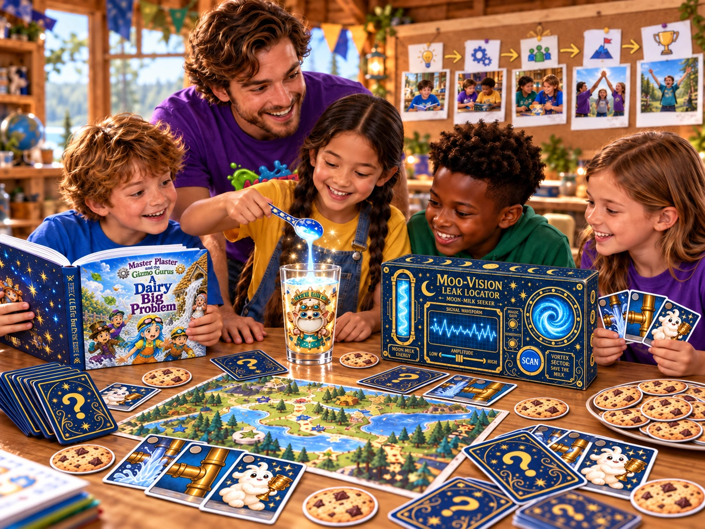 A counselor and four campers exploring the rectangular Moo-Vision Leak Locator, Gobble Goblet, A Dairy Big Problem storybook and flat printed game cards