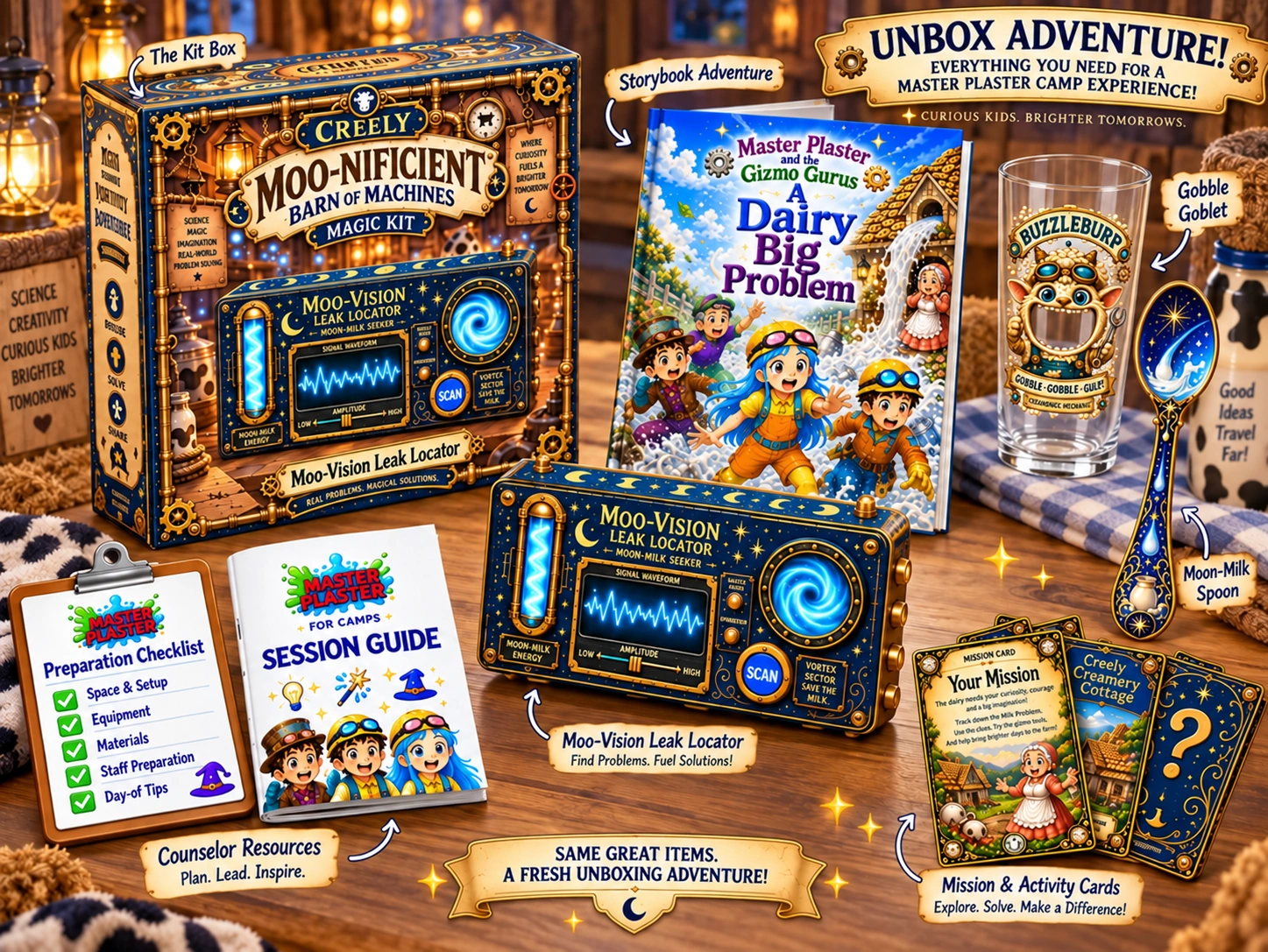 Creely kit: storybook adventure, Gobble Goblet, Moon-Milk Spoon, Moo-Vision Leak Locator, mission and activity cards, preparation checklist and session guide