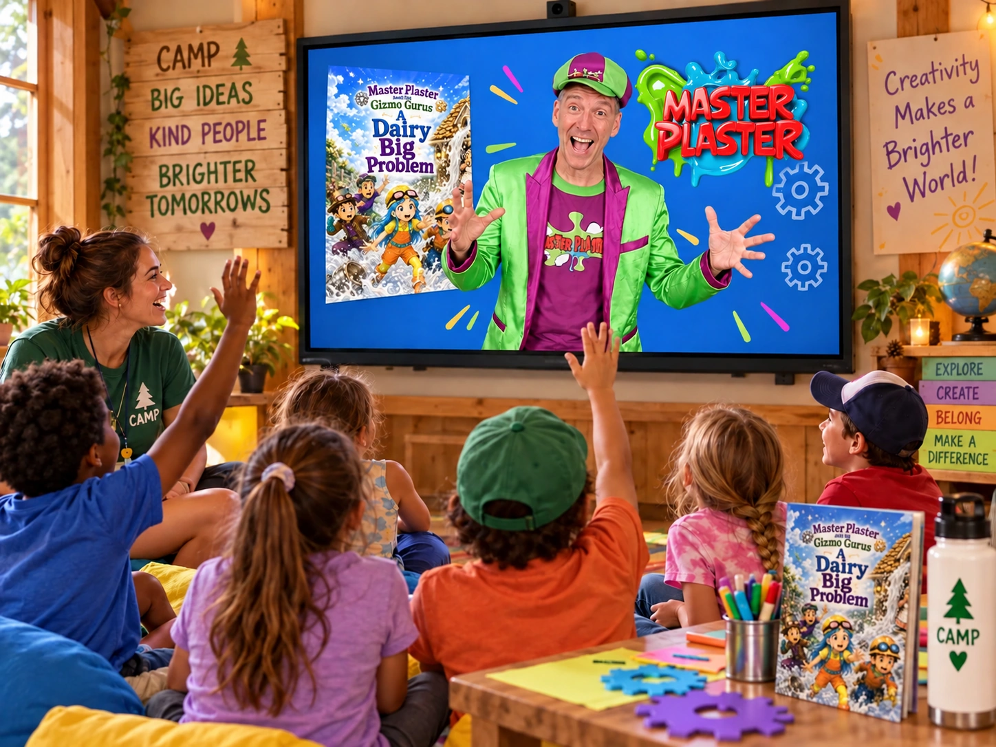 Campers and their counselor joining Master Plaster on a big screen for a virtual magic visit