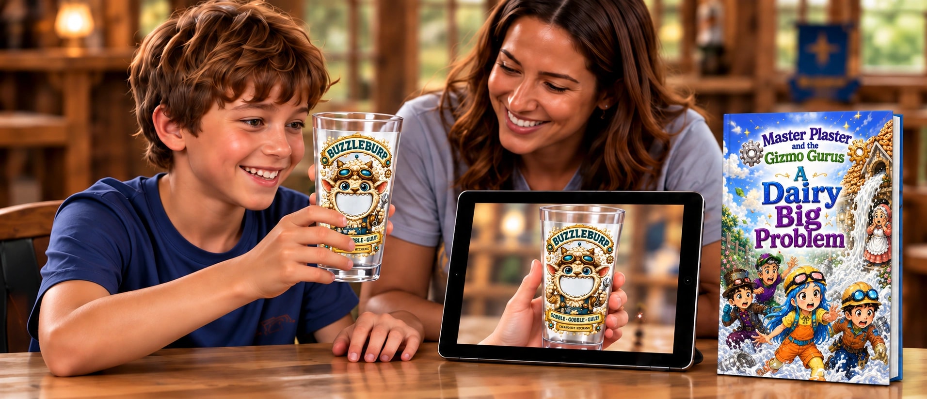 A child and parent practising Gobble Goblet magic at home with a tablet and storybook