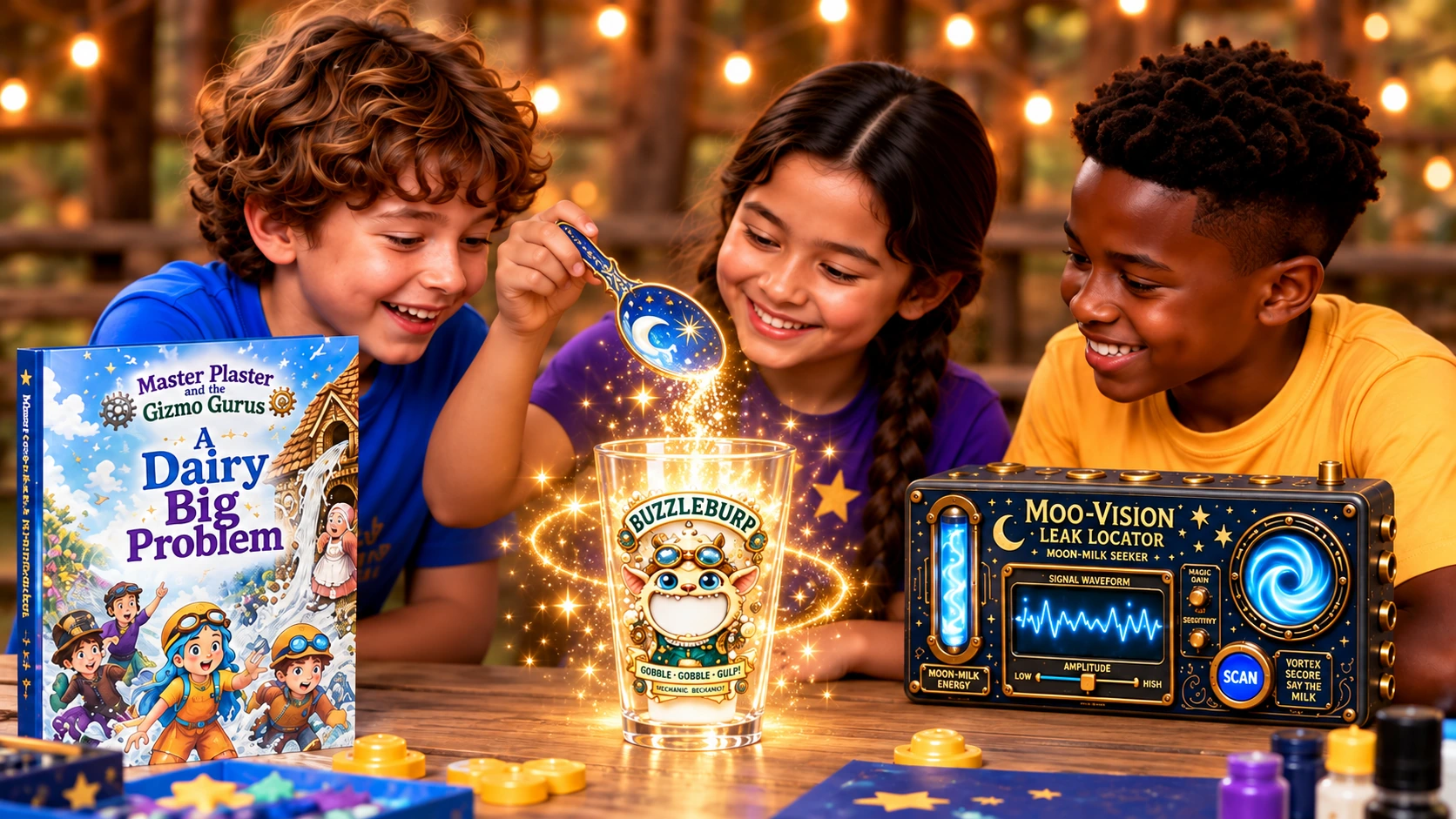 Three campers sharing a magic spoon and Gobble Goblet activity with the Moo-Vision Leak Locator and A Dairy Big Problem storybook