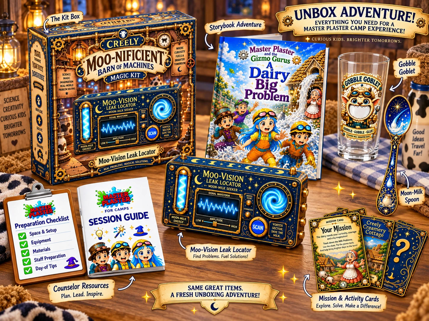 Creely kit: storybook adventure, Gobble Goblet, Moon-Milk Spoon, Moo-Vision Leak Locator, mission and activity cards, preparation checklist and session guide