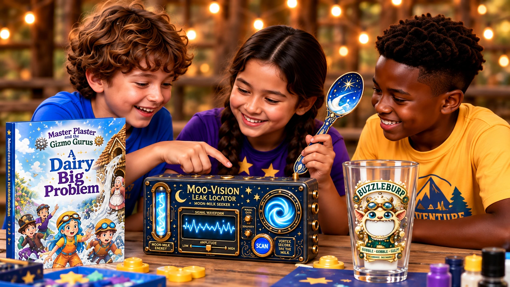 Three campers exploring the Moo-Vision Leak Locator with a magic spoon, Gobble Goblet and storybook