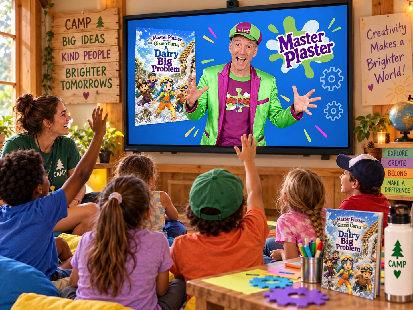 Campers and their counselor joining Master Plaster on a big screen for a virtual magic visit