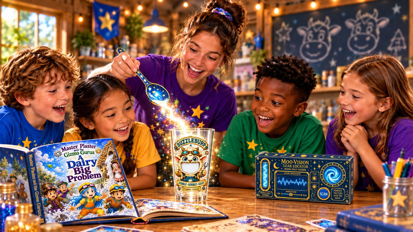 A counselor and four campers sharing a magic spoon and Gobble Goblet activity with the Moo-Vision Leak Locator and storybook