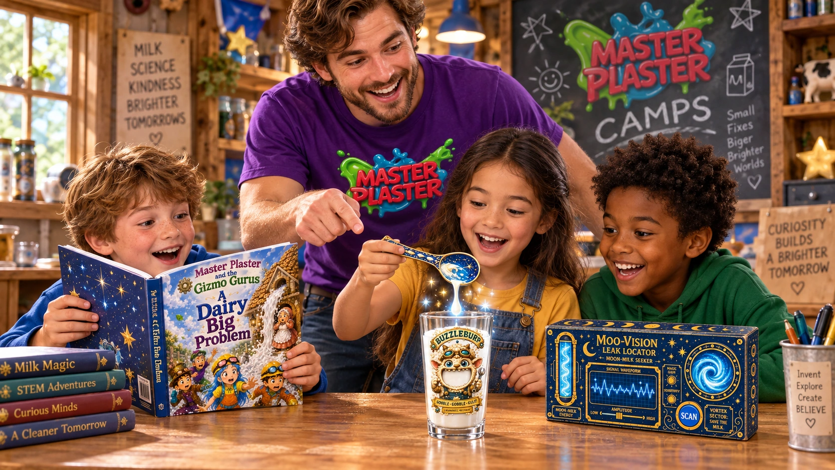 A counselor and three campers exploring a magic spoon, Gobble Goblet, Moo-Vision Leak Locator and A Dairy Big Problem storybook