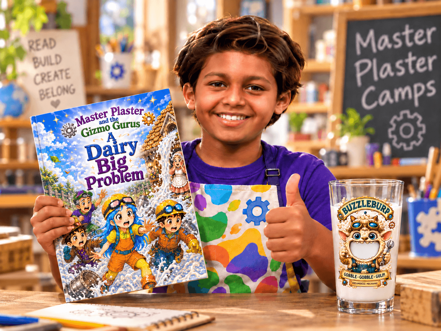 A camper with his A Dairy Big Problem storybook and magic goblet