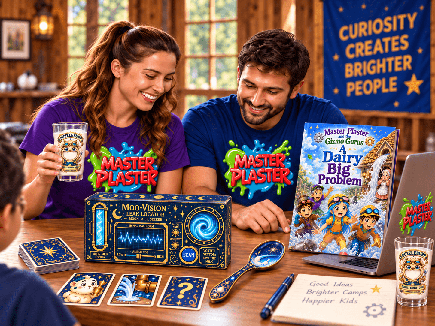 Two counselors preparing the storybook, Moo-Vision device and magic goblet