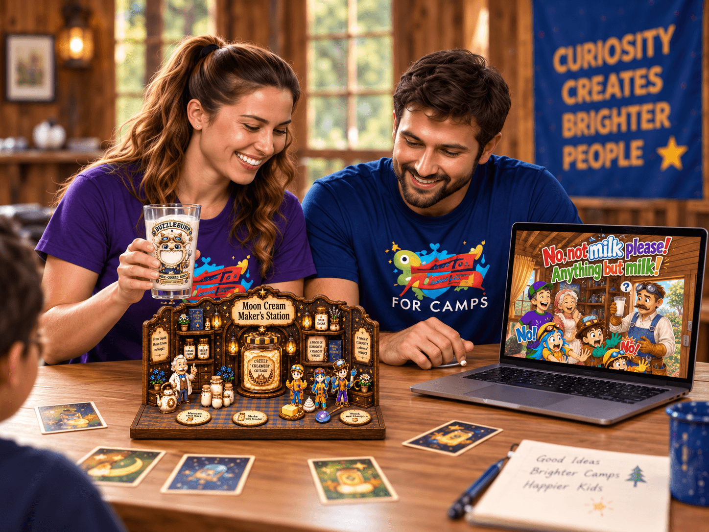 Two counselors reviewing the Moon Cream Maker’s Station, magic goblet and video resources