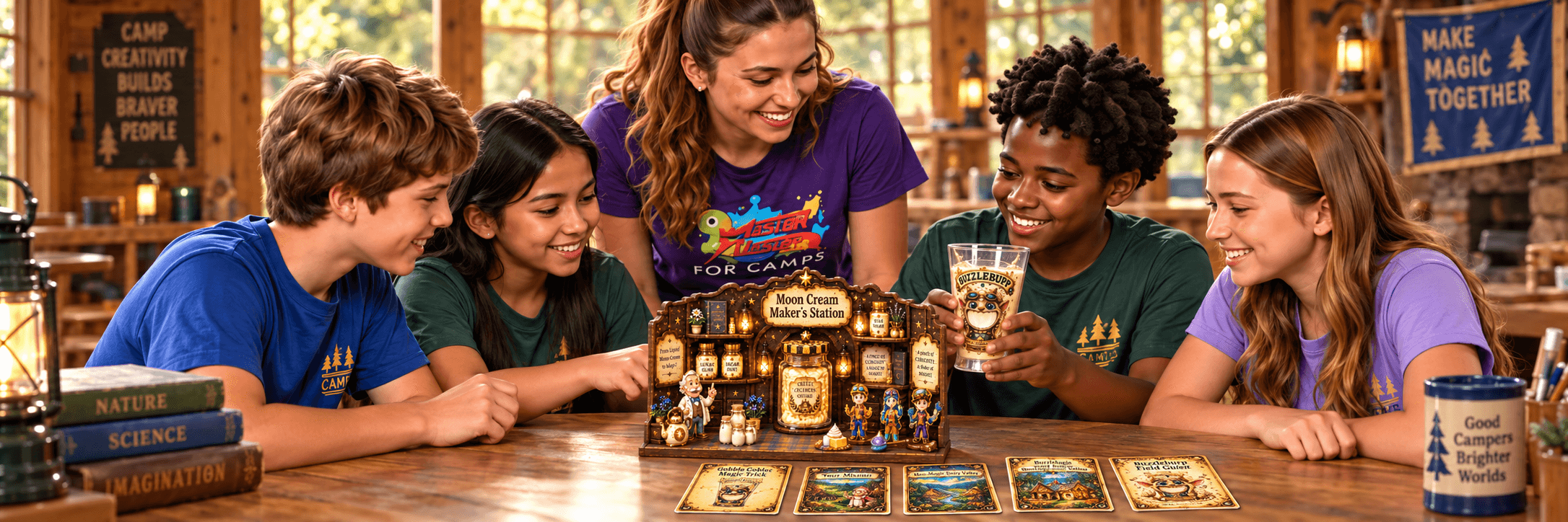 A counselor guiding campers around the Moon Cream Maker’s Station and magic goblet