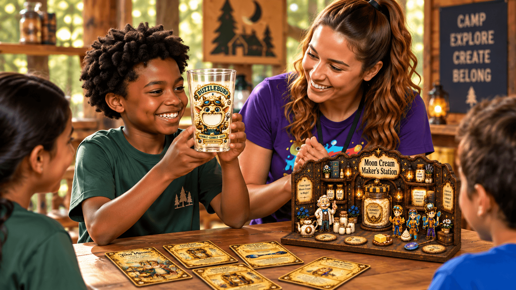 A camper practising the magic goblet trick with his counselor