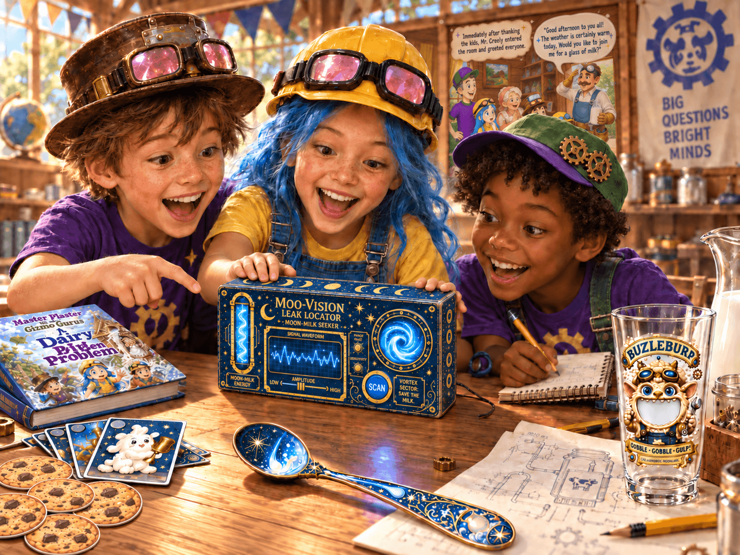Campers dressed as the Gizmo Gurus investigating the Moo-Vision device