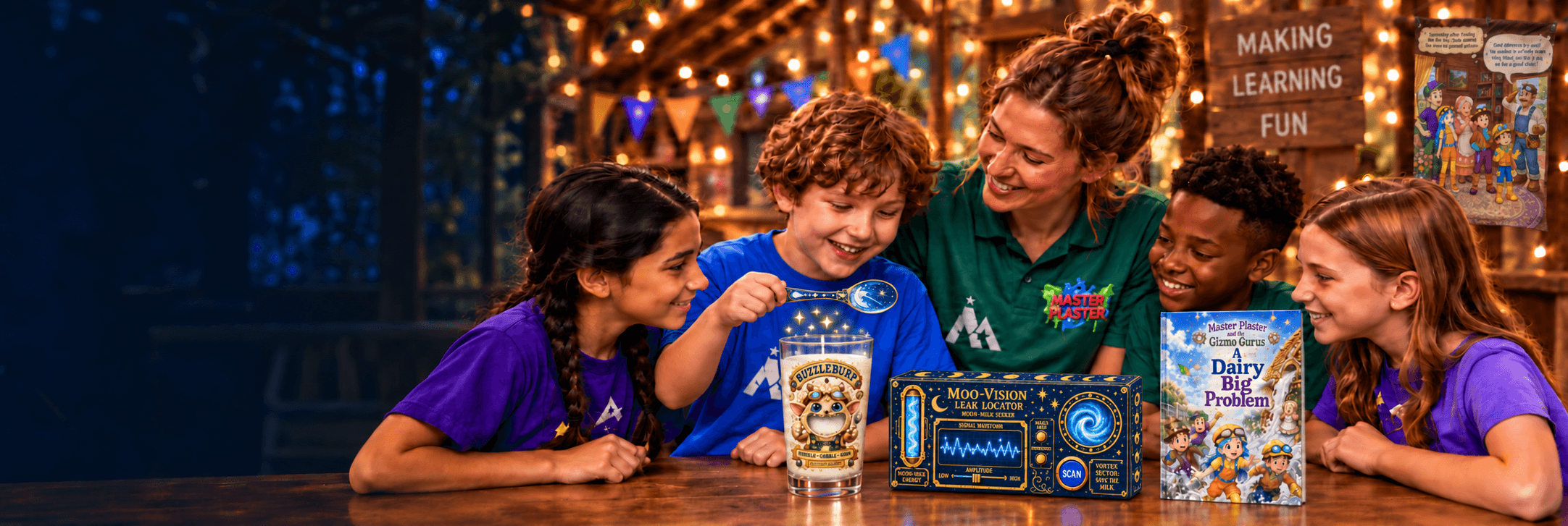 A counselor and campers exploring A Dairy Big Problem with the Moo-Vision device and magic goblet