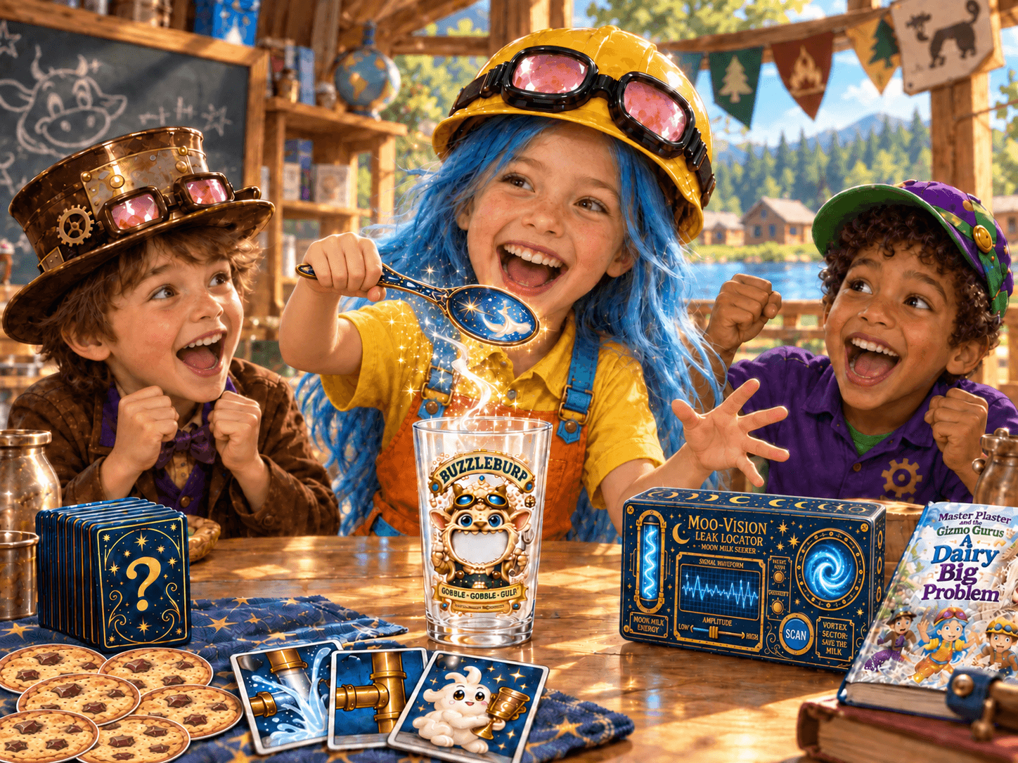 Campers dressed as the Gizmo Gurus sharing a magic goblet performance