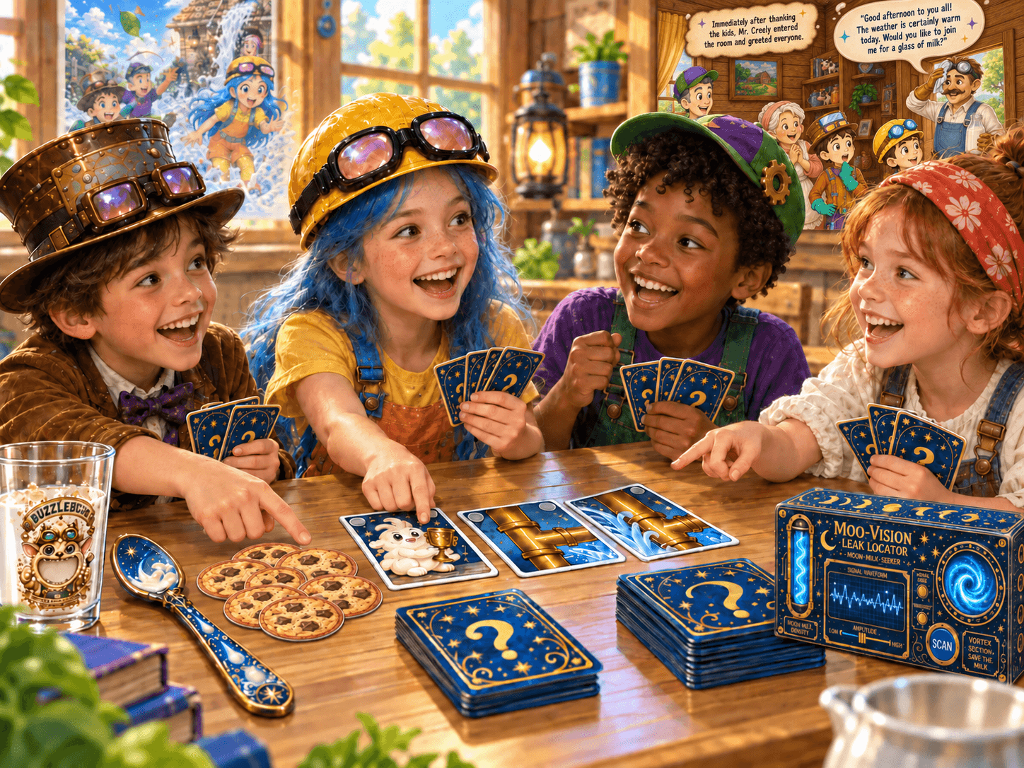 Campers dressed as the Gizmo Gurus playing a card game together