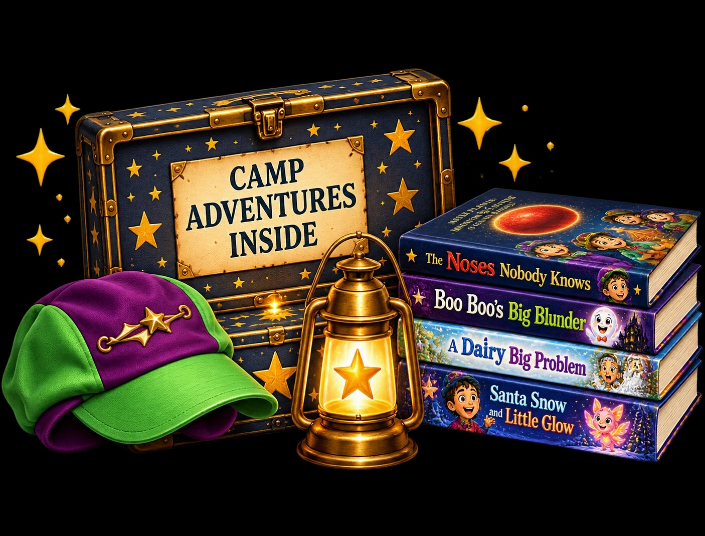 Camp Adventures Inside trunk, Master Plaster cap, lantern and four storybooks