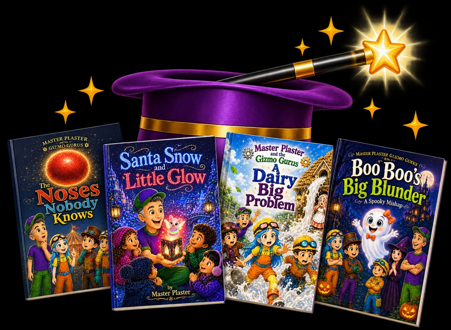 Four Master Plaster storybooks with a purple magic hat and golden wand