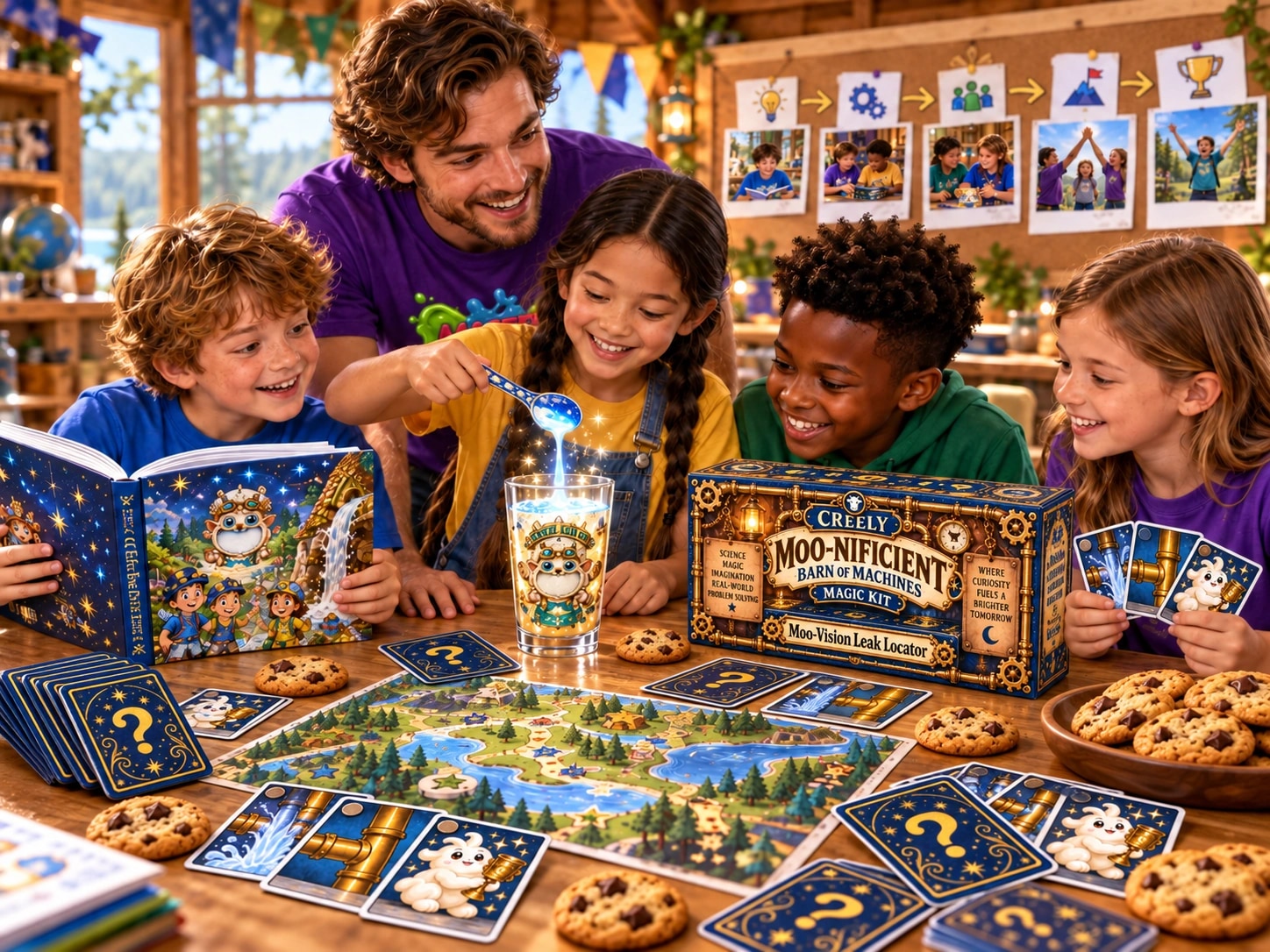 A counselor guiding four campers through a magic activity with story cards and their take-home kit