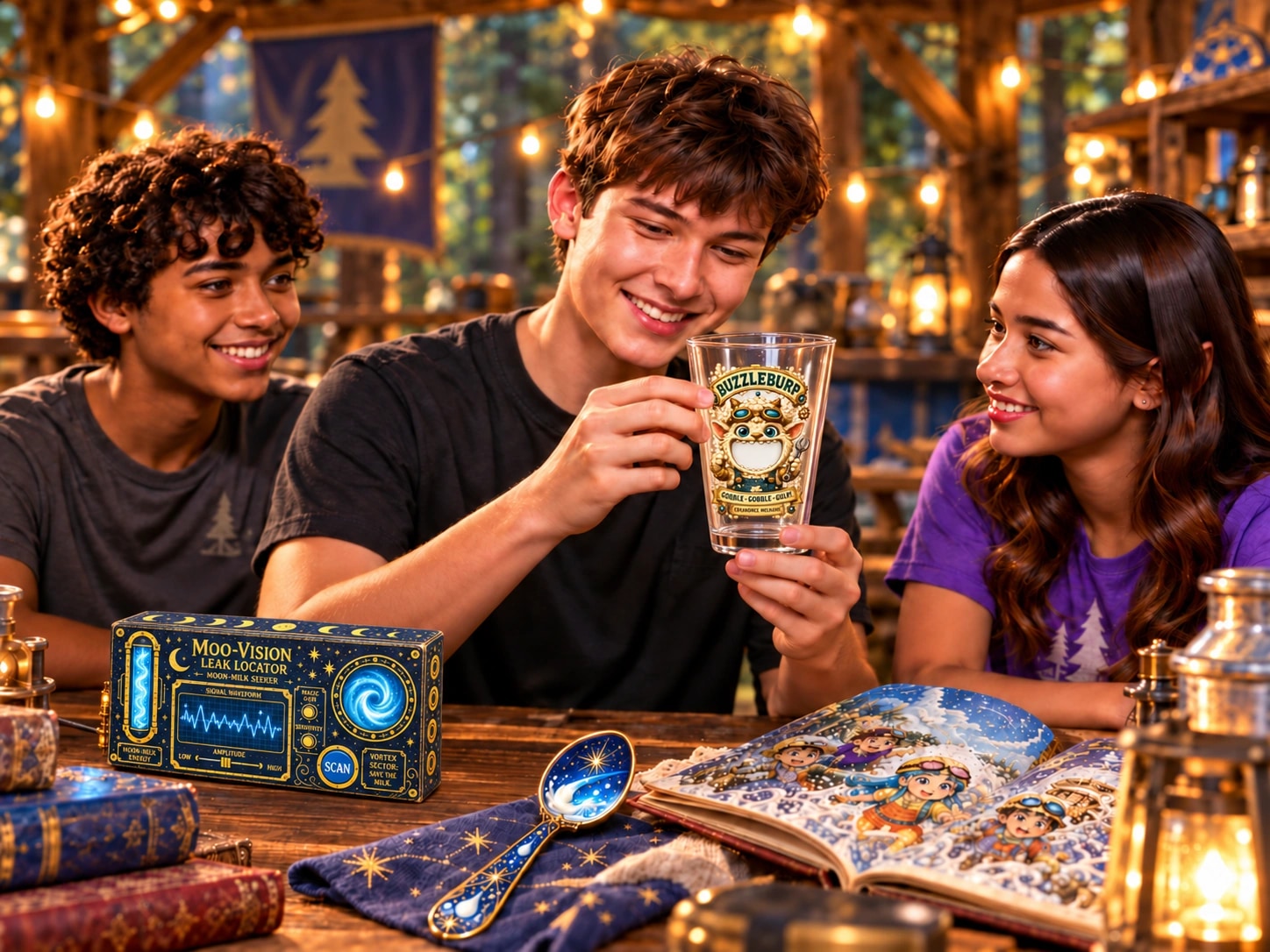 Teen campers practicing with a magic goblet and story materials
