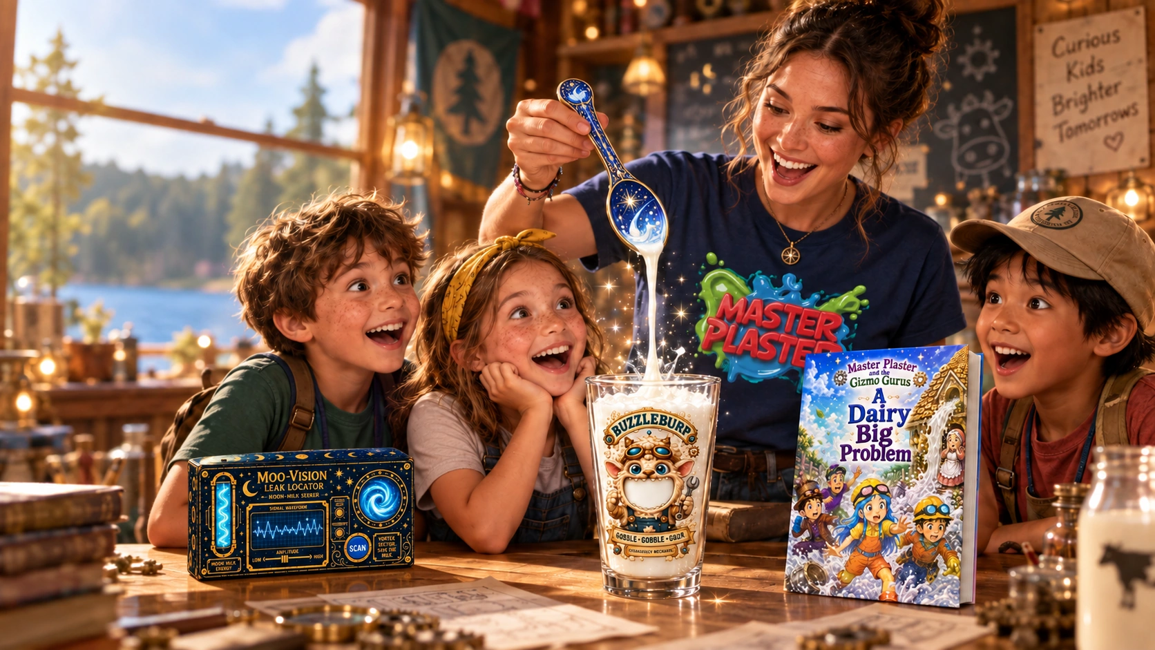 A counselor and three campers discovering the Buzzleburp goblet, Moo-Vision kit and storybook