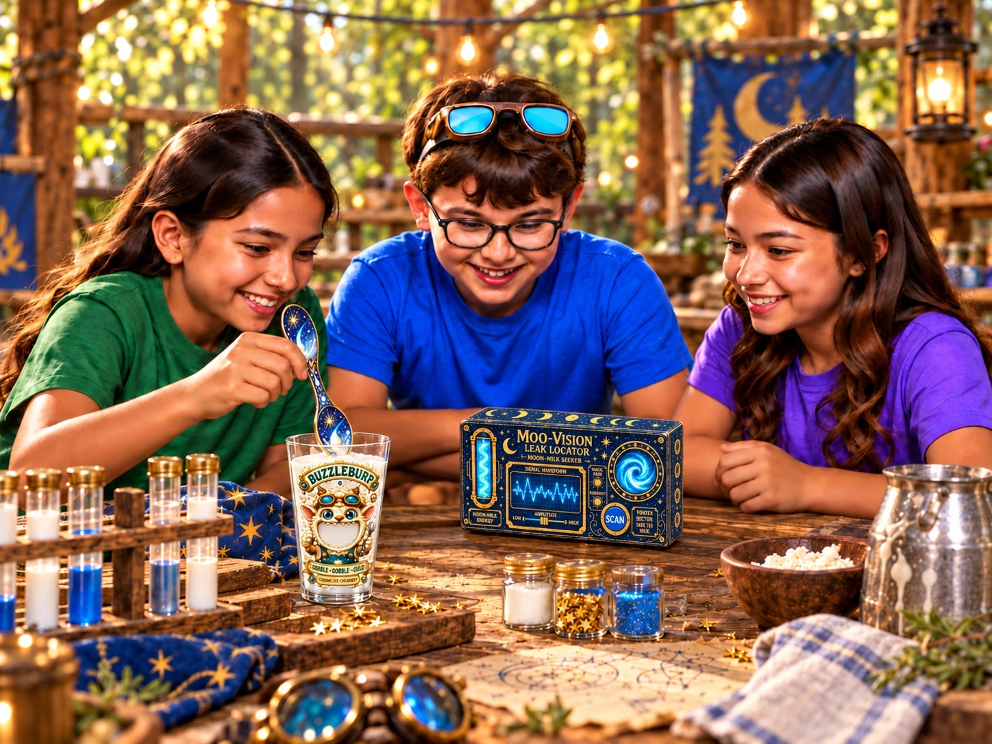 Three campers discovering the magic goblet and Moo-Vision kit