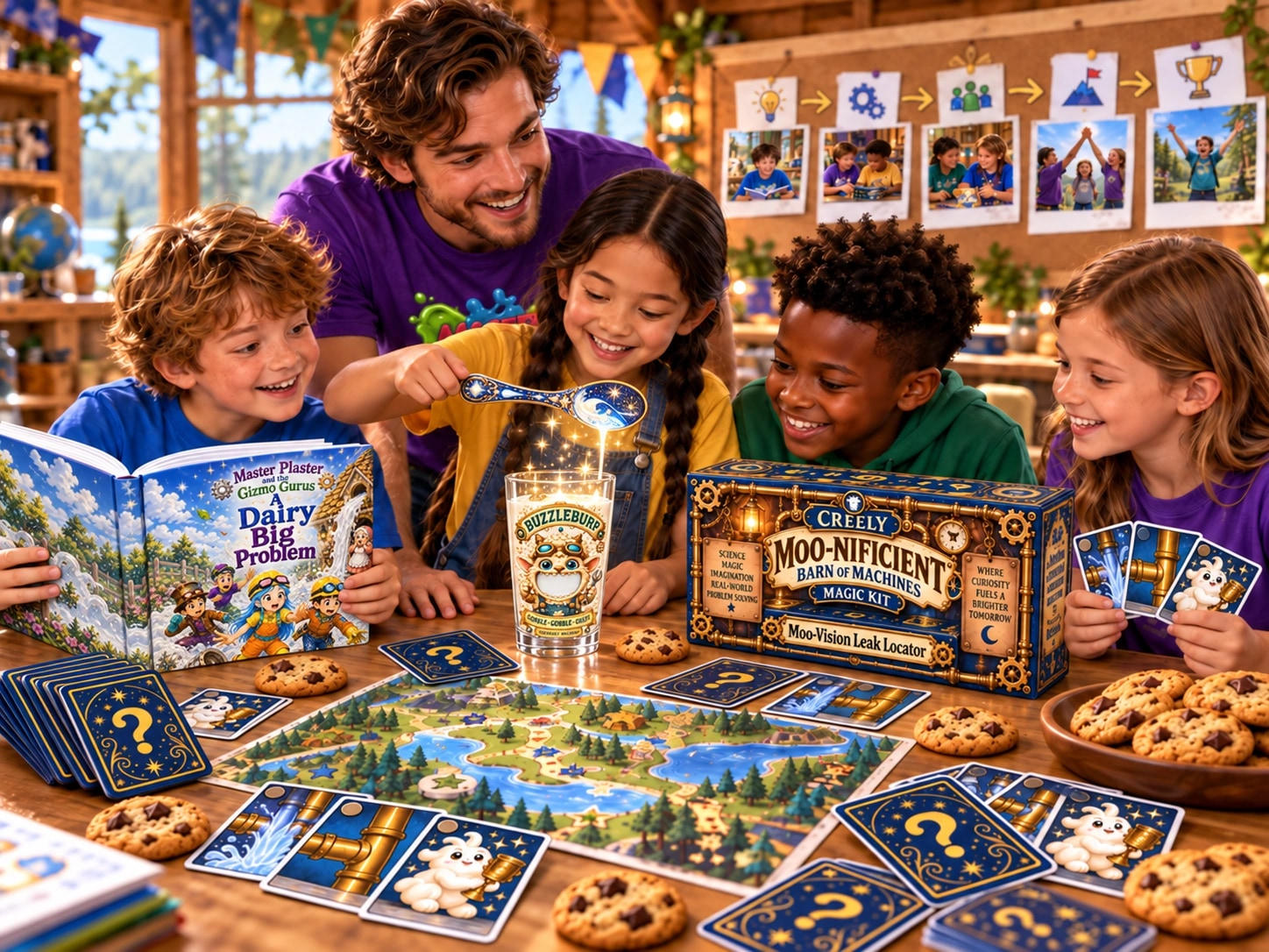 A counselor guiding four campers through a magic activity with story cards and their take-home kit
