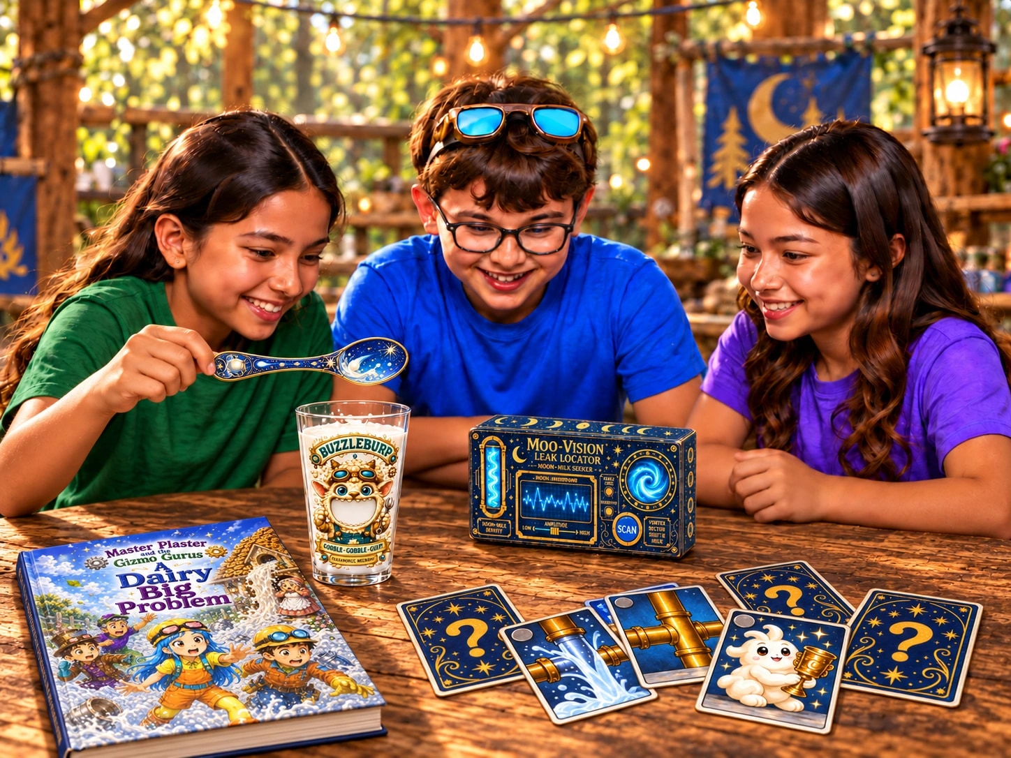 Three campers discovering the magic goblet and Moo-Vision kit