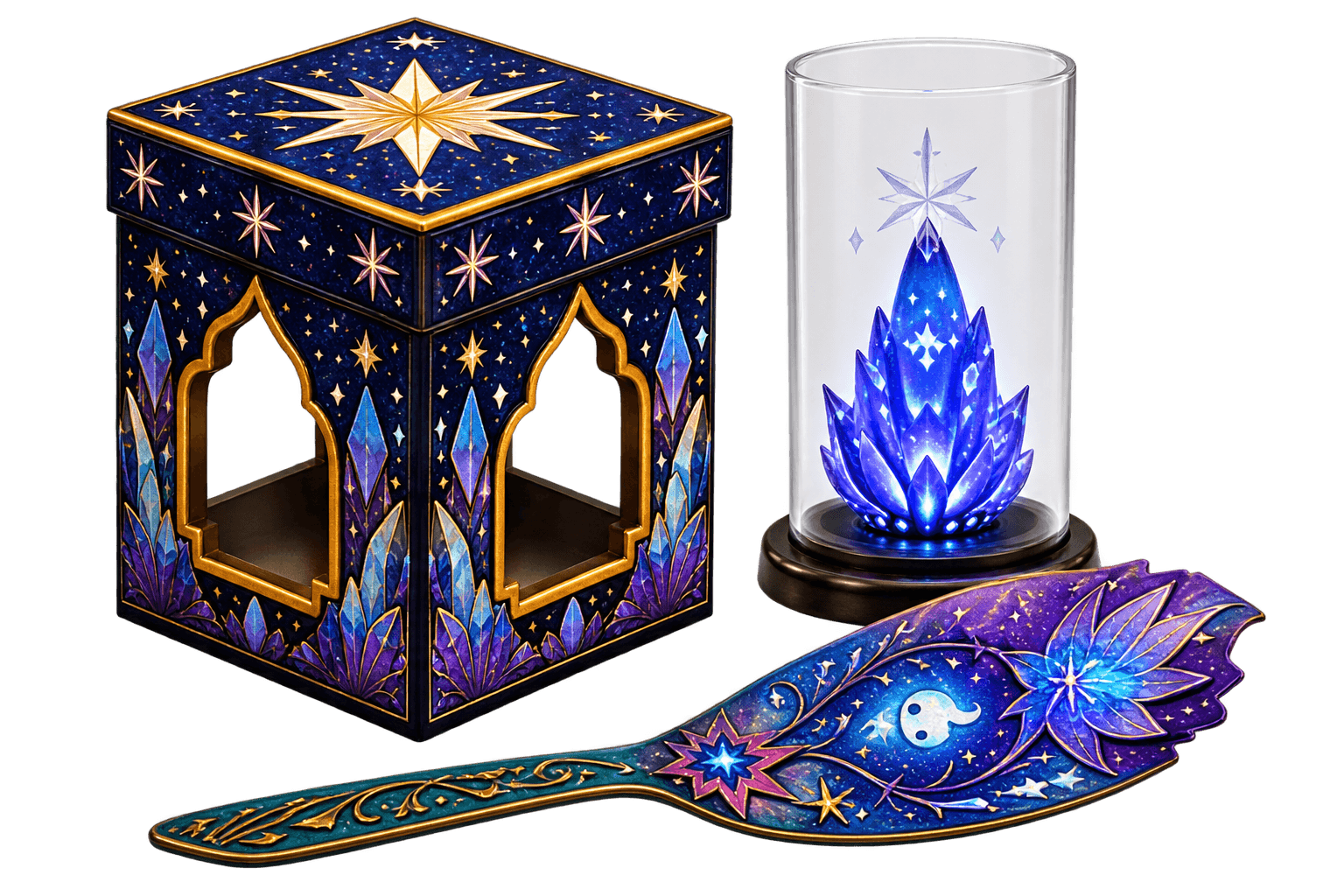 A star-patterned story box, blue crystal chamber, and purple magic brush